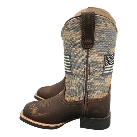 ARIAT BOOTS Kids 8 CAMO PATRIOTIC WESTERN SQUARE TOE CHILDREN USA FLAG Brown - Picture 5 of 11
